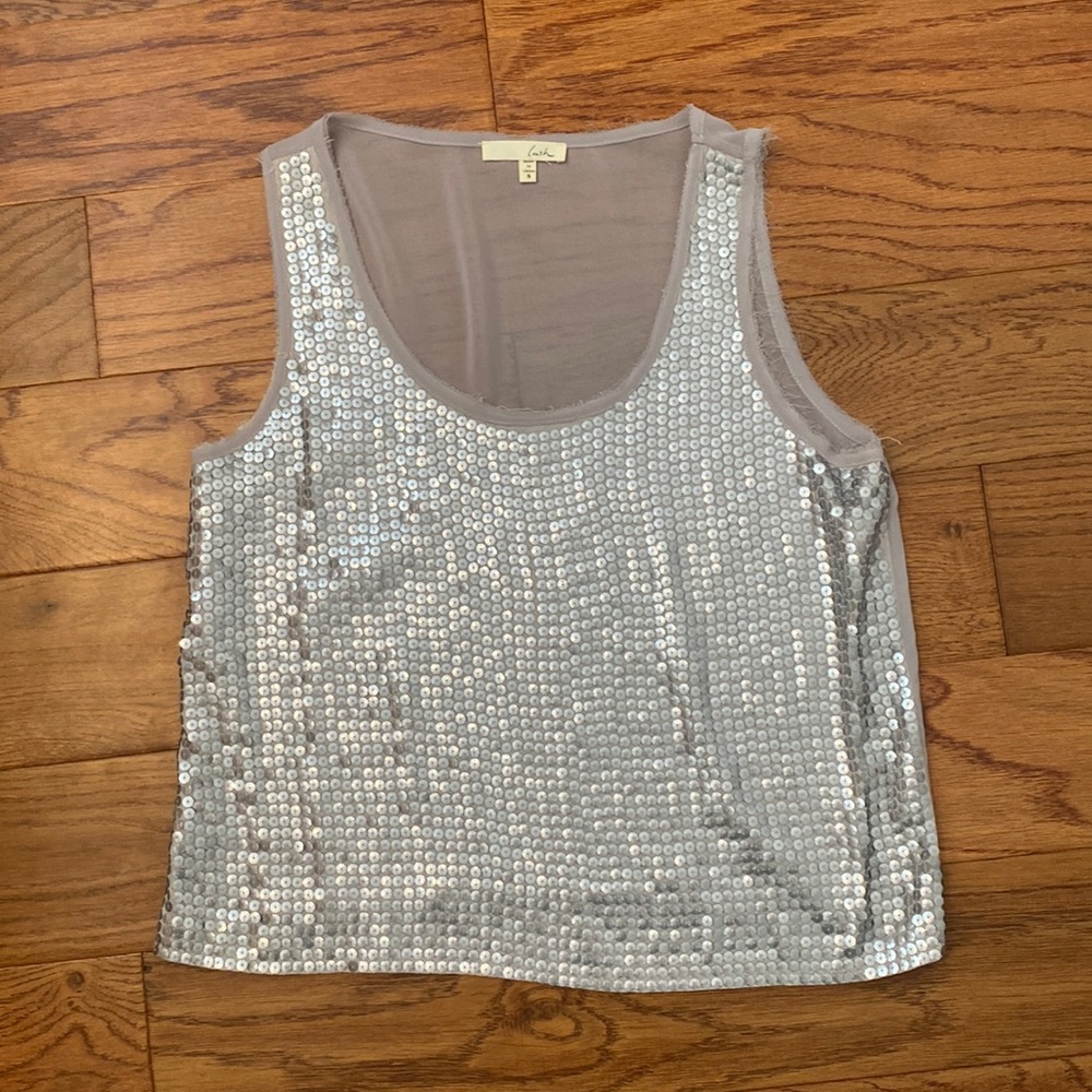 Lush silver boxy sequin top with sheer back